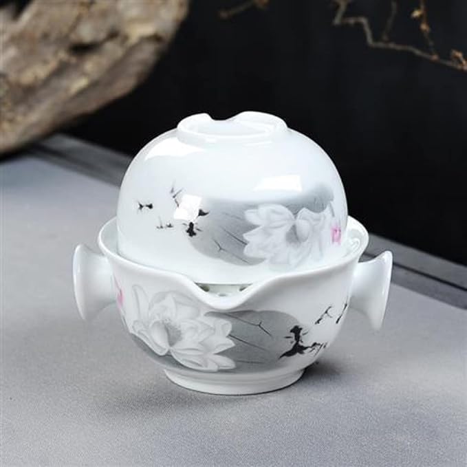 Liang baobao Convenient Teapot Cup Porcelain Teacup White Glazed Travel tea set (Ink Painting Lotus) - Bloomnest