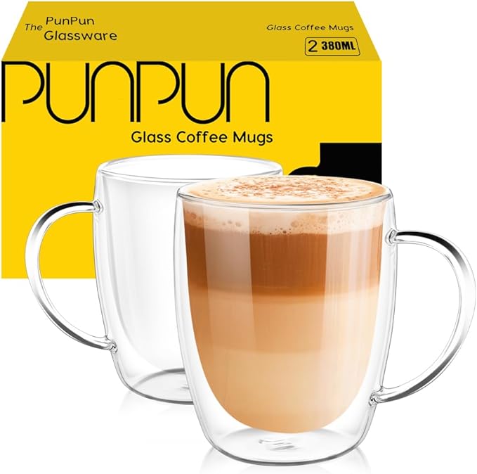 PunPun Coffee Cups Clear12.9OZ. 380ml Coffee Mugs, Espresso Cups,Double Wall Milk Cup with Big Handle,Perfect Mug for Hot Beverages, Latte, Cappuccinos Set of 2 - Bloomnest