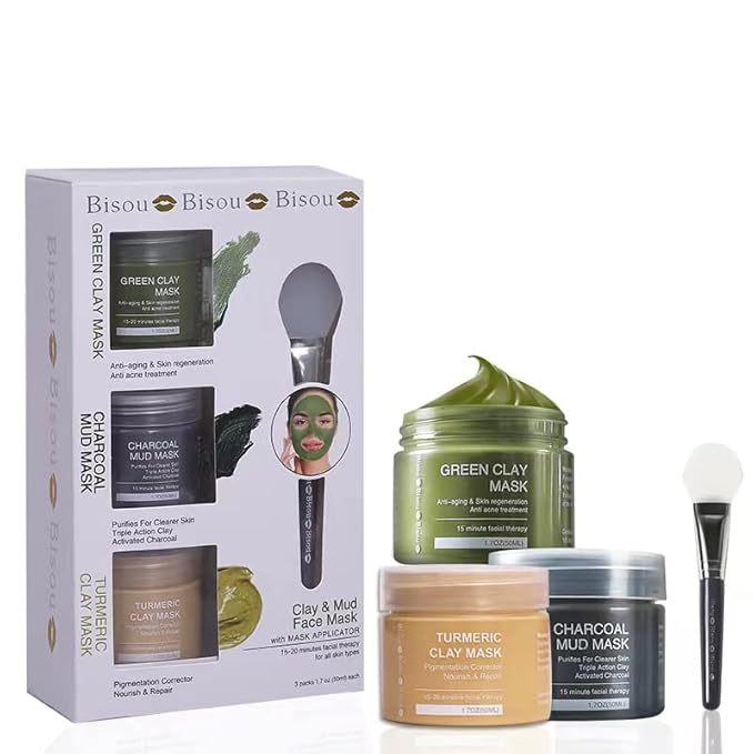 Turmeric Clay, Dead Sea Mud & Charcoal Gel Face Mask Trio With Applicator, Deep cleansing Clay and Mask Applicator, Facial Therapy PH Balanced Hypo-allergenic (3 Sets Mud Mask) - Bloomnest