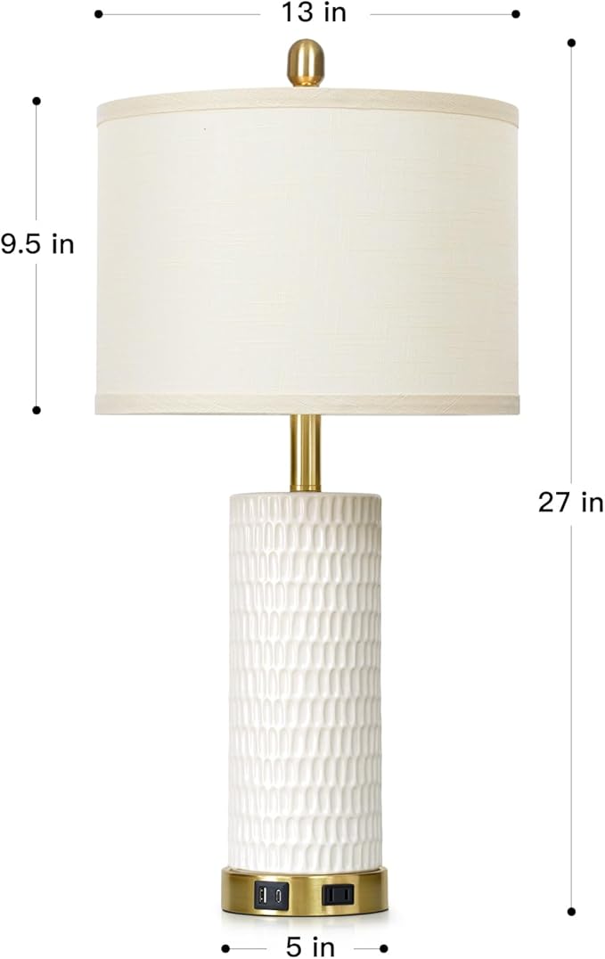 27" White Ceramic Lamps for Living Room, 3-Way Dimmable Touch Ceramic Table Lamp Set of 2 for Bedroom，Rustic Farmhouse Bedside Lamp with USB A+C & Outlets, Elegant Bedroom Lamp for Nightstand - Bloomnest