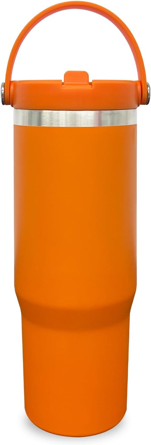 30 oz Tumbler with Handle, Double Wall Vacuum Insulated Tumblers with Flip Straw, Coffee Mug 30oz Powder Coated Cup for Hot and Cold Drinks(Orange,1 pack)