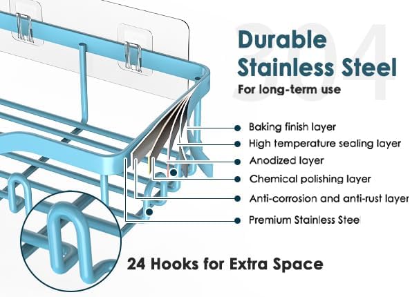 Shower Caddy Adhesive Shower Organizer 7-Pack, Rustproof Stainless Steel Bathroom Shelves, Large Capacity No-Drill Rack Storage Accessories with Soap Dish Toothbrush Holder Hooks - Bloomnest