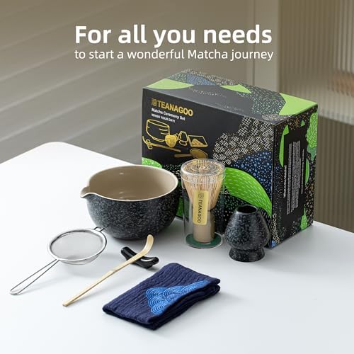 TEANAGOO Matcha Whisk Set Black,7 Pcs Matcha Set,Matcha Kit for Ceremony,Tradition Tea Set for Making Breakfast/Latte,Matcha Whisk Set with Bowl(Chawan)/Whisk and Holder,Gift for Family/Friend - Bloomnest
