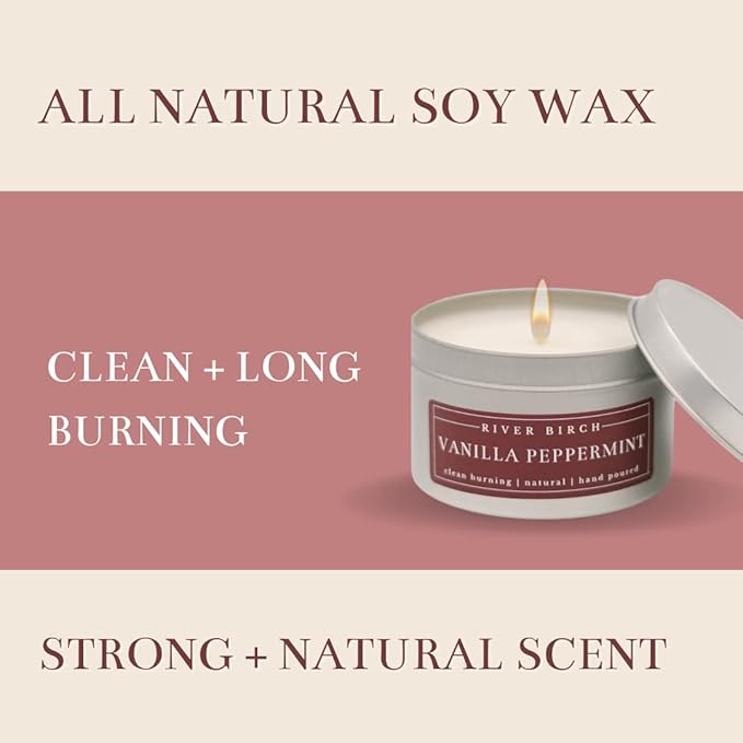 River Birch Candles Vanilla Peppermint Scented Candle | Premium, All-Natural, Non-Toxic, Soy Candles | 8 oz. Silver Tin Travel Candle | Cozy Relaxing Gifts for Home - Bloomnest