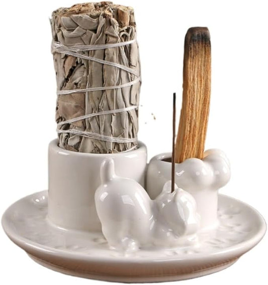 4 in 1 Casual Cat Incense Burner,Sage Holder Palo Santo Sticks Holder,Smudge Stick Ash Catcher Tray for Meditation Yoga Room (White A) - Bloomnest