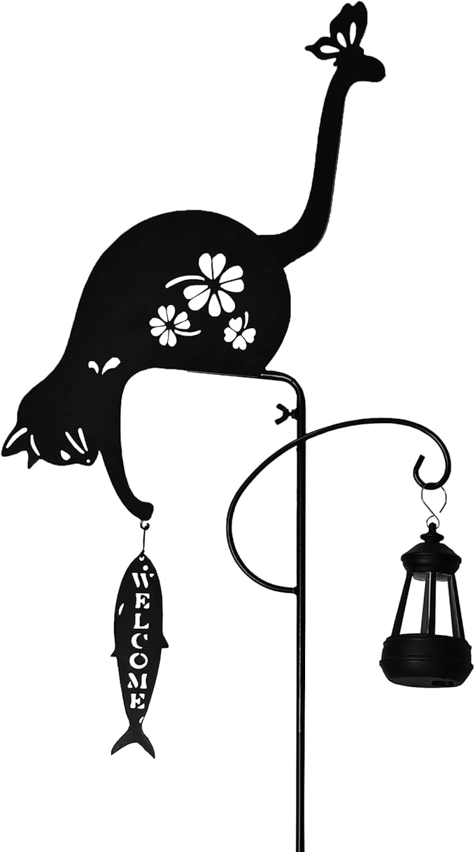 Solar-Powered Black Cat&Fish Garden Decor Stakes - Metal Silhouette Figurine for Outdoor Yard, Lawn, and Patio Decoration(Cat&Fish) - Bloomnest