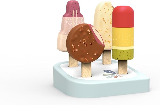 SPEEDY MONKEY Wooden Ice Cream Bar Stand with 4 Treats – FSC Certified Popsicle & Gelato Pretend Play Dessert Counter for Kids, Sweet Food Role Play Toy for Toddlers, Boys & Girls, Ice Cream Cart Set - Bloomnest