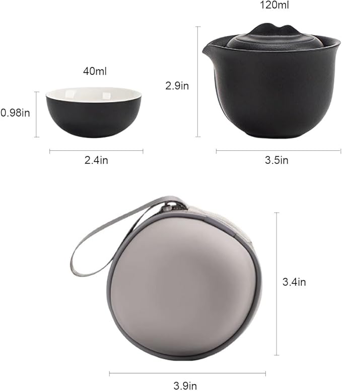 Travel Tea Set Ceramic Tea Pot Set Chinese Kung Fu Teapot Porcelain Gongfu Teacups Frosted Glazed Tea Cup, Portable Bag 1 Pot 3 Mini Cup All in One for Home Office Outdoor Picnic Camping Hotel, Black - Bloomnest