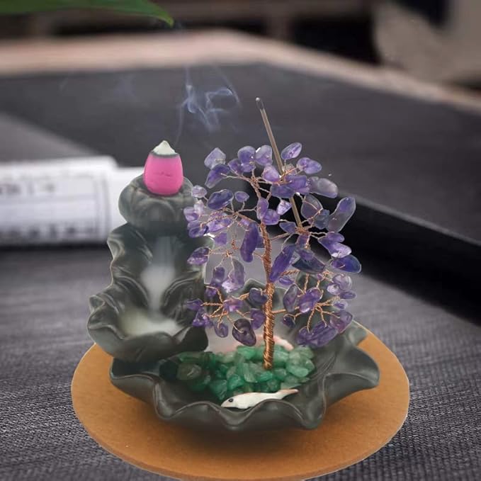 Ceramic Waterfall Incense Burner, Money Tree Backflow Holder Healing Crystal Stone, with 30 Cones + Stick for Yoga Meditation Home Zen Decoration(Amethyst) - Bloomnest