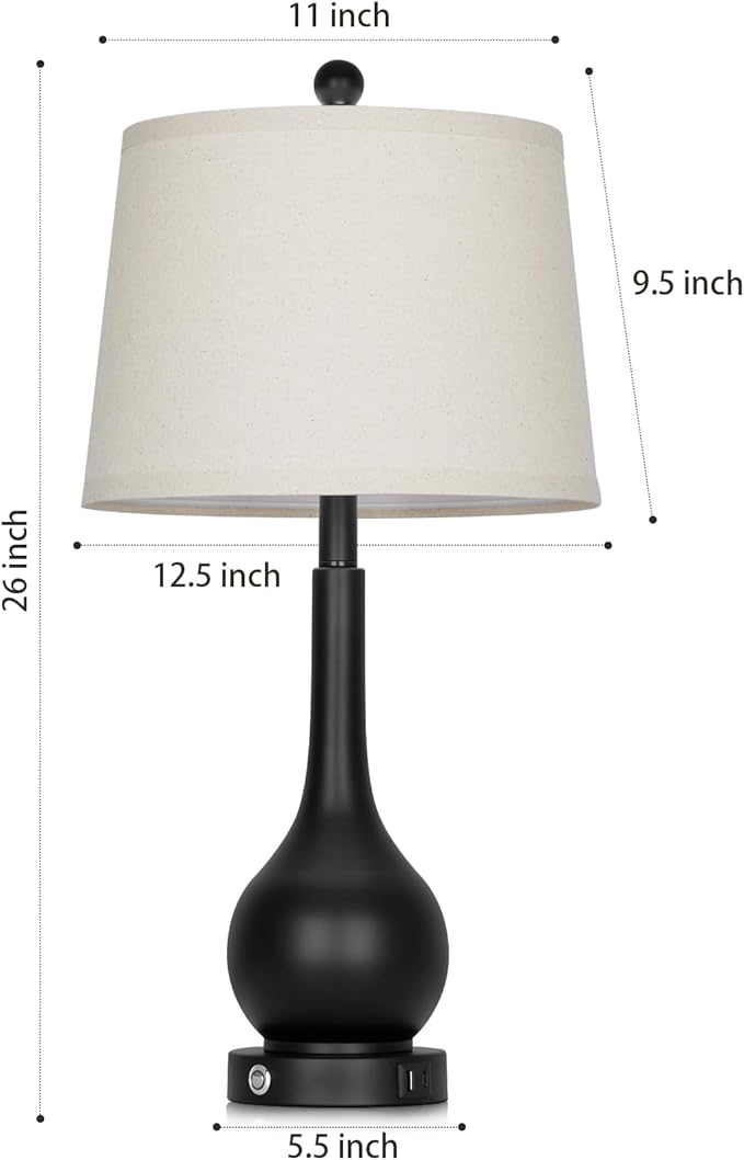 26" Black Table Lamps Set of 2 for Living Room, Touch Control Bedside Lamp for Bedroom, 3-Way Dimmable Nightstand Lamp with USB A+C Port (2 LED Bulbs Included) - Bloomnest