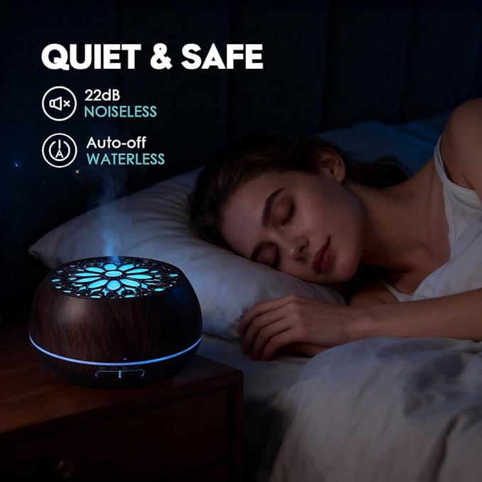 550ml Large Capacity Essential Oil Diffuser with 6 Aromatherapy Oils Set,Ultrasonic Air Humidifier with Timer and 7 Color LED Night Light Waterless Auto-Off Dark Wood Grain - Bloomnest