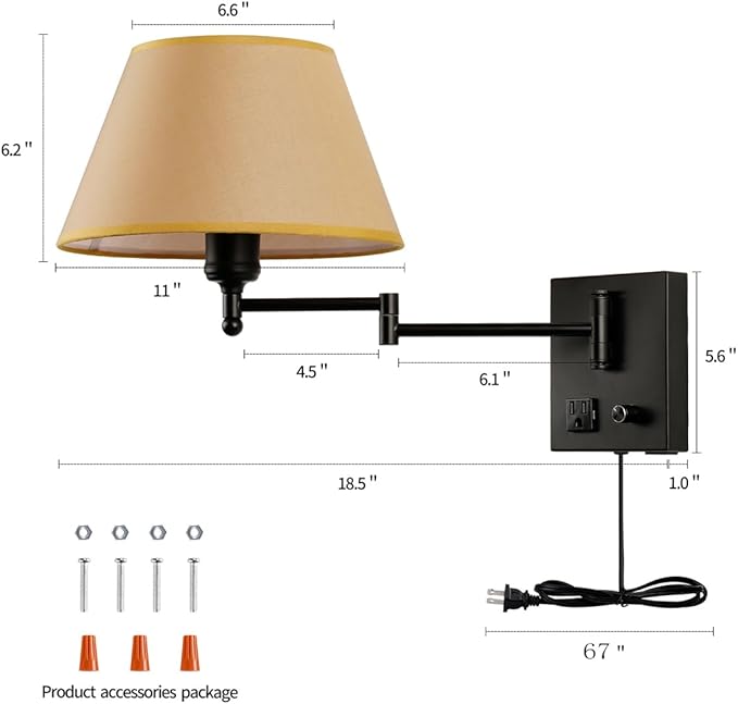 Swing Arm Wall Sconces, Plug-in Wall lamp,Bedroom Wall lamp ， White Fabric Shade with dimmable Switch and USB Charging Port,Suitable for Bedside,Living Room,Reading (Black. Gold Shadow) - Bloomnest