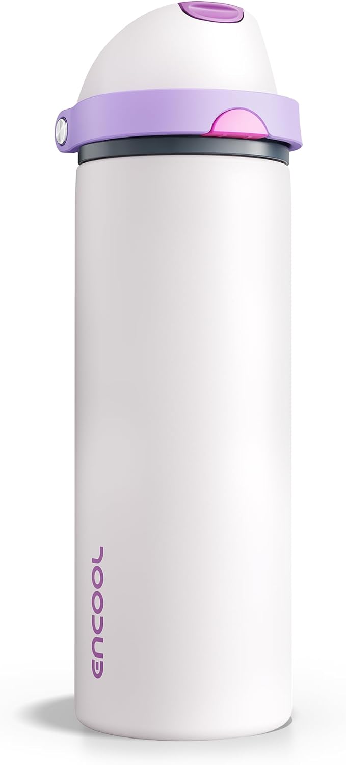 Insulated Water Bottle with Straw - Encool Stainless Steel Water Bottle with Push Button Lid, Leak-Proof & BPA-Free, Keeps Cold for 24 Hours for Sports, Travel, Gym (24 oz, Oyster Pink) ENCOOL