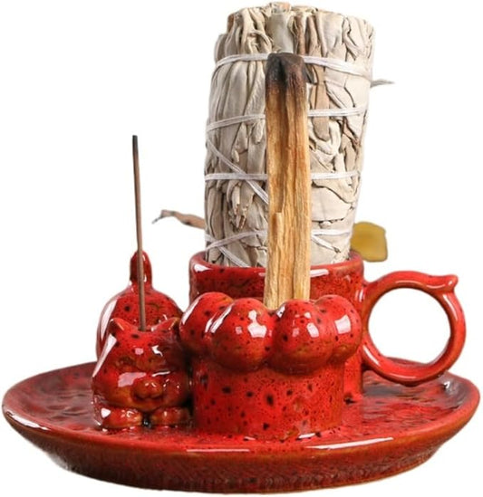 4 in 1 Casual Cat Incense Burner,Sage Holder Palo Santo Sticks Holder,Smudge Stick Ash Catcher Tray for Meditation Yoga Room (Red) - Bloomnest
