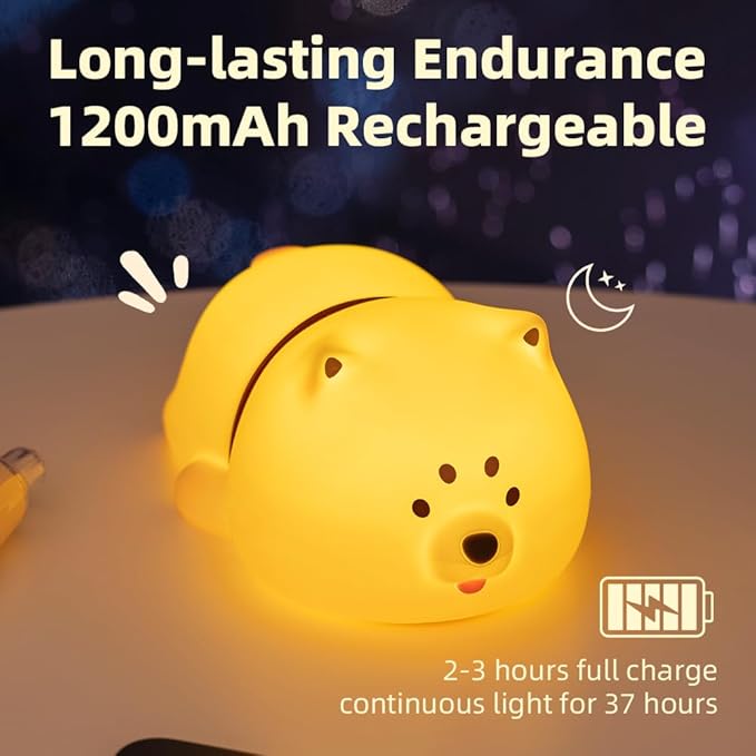 Cute Puppy Night Light for Baby Kids - Rechargeable Touch Control Night Light with 3 Brightness, Warm Light, Timer & Soft Silicone - Nursery Bedroom - Bloomnest