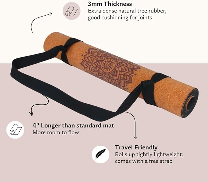 Shakti Warrior Chakra Cork Yoga mat - Artist Designed, Premium eco Friendly mats, Non Slip, Non Toxic, Great for Regular & Hot Yoga, Pilates and Work Out (72 inch x 24 inch x 3mm Thick) - Bloomnest