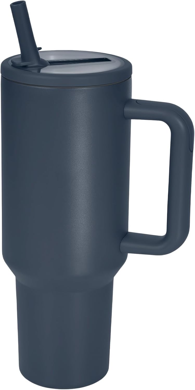 40 oz Insulated Tumbler with Handle,Flip Straw,Lid & Rubber Base Stainless Steel Water Bottle - Leak Proof Vacuum Insulated Mug BPA Free Reusable Travel Cup Gifts for Women/Men (Darkblue 40oz)