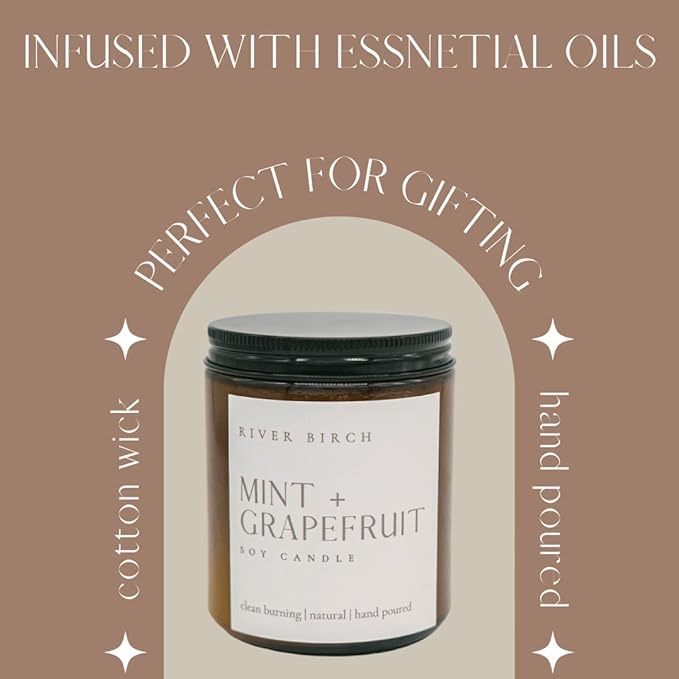 River Birch Candles Mint + Grapefruit Scented Candle | Premium, All-Natural, Non-Toxic, Soy Amber Jar Candles | 8.5oz 40 Hr Burn Time | Cozy Relaxing Gifts for Home - Bloomnest