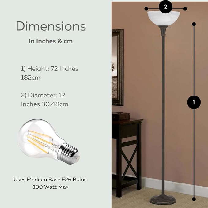 LIGHTACCENTS Bronze Floor Lamp, 72'' Torchiere with Glass Shade, Modern Floor Lamp for Living Room, Bedrooms, Office - Bloomnest