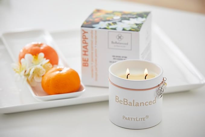 PartyLite Be Happy Mandarin + Jasmine Jar Candle, 40-50 Hour Burn Time, Uplifting Lemon, Eucalyptus, Ginger, Amber, and Musk Scented Soy Wax, Aromatherapy for Joy and Positivity - Bloomnest