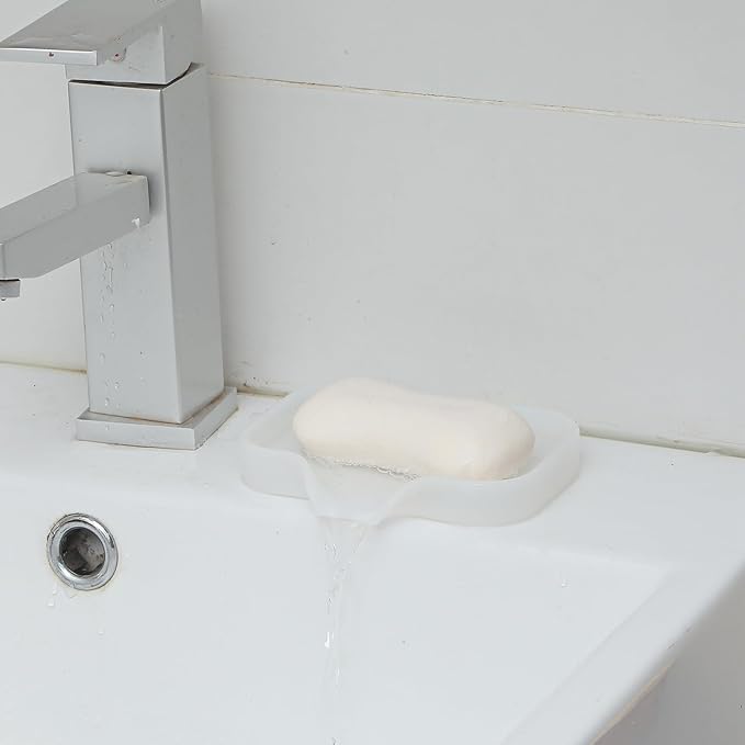 Silicone Bathroom Soap Dishes with Drain Spout-Bathroom and Kitchen Sink Organizer,Sponge Holder,Dish Soap Tray,Perfect for Dispenser,Scrubber,Bottle,Cup on Counter Translucent 4.9"×3.2" - Bloomnest