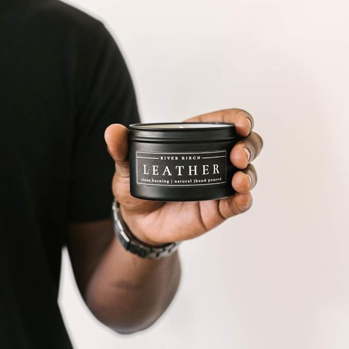River Birch Leather Scented Candle - Premium, Natural, Non-Toxic, Soy Candles Ideal for Home Decor & Cozy Gifts - Black Matte Tin - 8 oz - Bloomnest