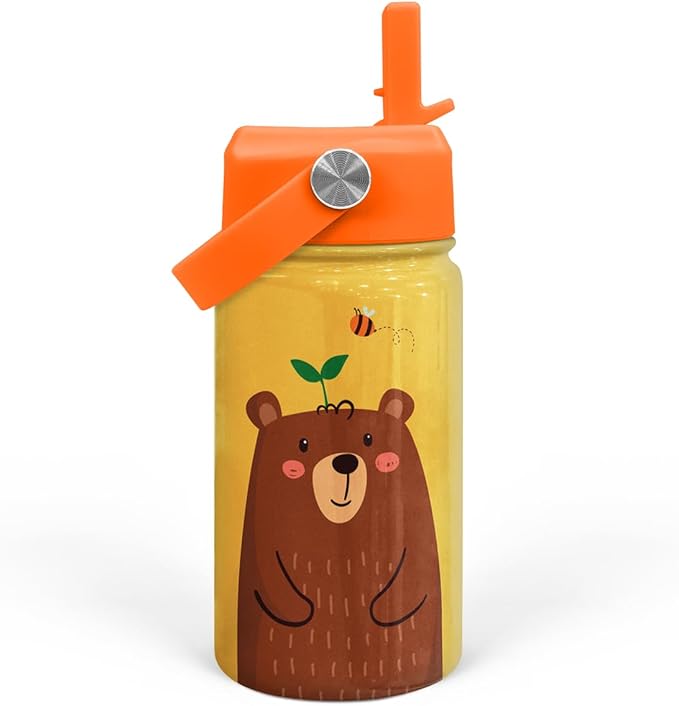 SANDJEST Bear Water Bottle - Kids Water Bottle with Straw Lid - 12 Oz Insulated Stainless Steel Water Bottles for Kid Boys - Travel Cup for School Sports - Bloomnest