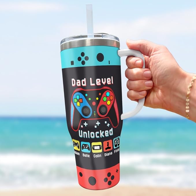 Personalized Gamer Dad Tumbler with Handle and Straw, Custom Controller Design with Kids’ Names, Funny Father’s Day Gift for Gaming Father or Retro Player - Bloomnest