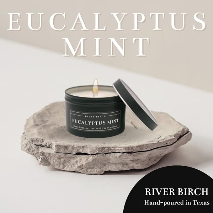 River Birch Candles Eucalyptus Mint Scented Candle | Premium, All-Natural, Non-Toxic, Soy Candles | 8 oz. Black Matte Tin Travel Candle | Cozy Relaxing Gifts for Home - Bloomnest