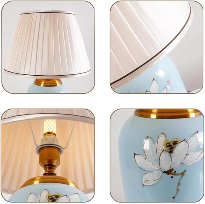 Blue Ceramic Table Lamp with White Fabric Lamp Shade Vintage Lamps with Flower and Bird Patterns，Traditional Home Decor Ceramic Table Lamp for Living Room Bedroom Nightstand Home Office - Bloomnest
