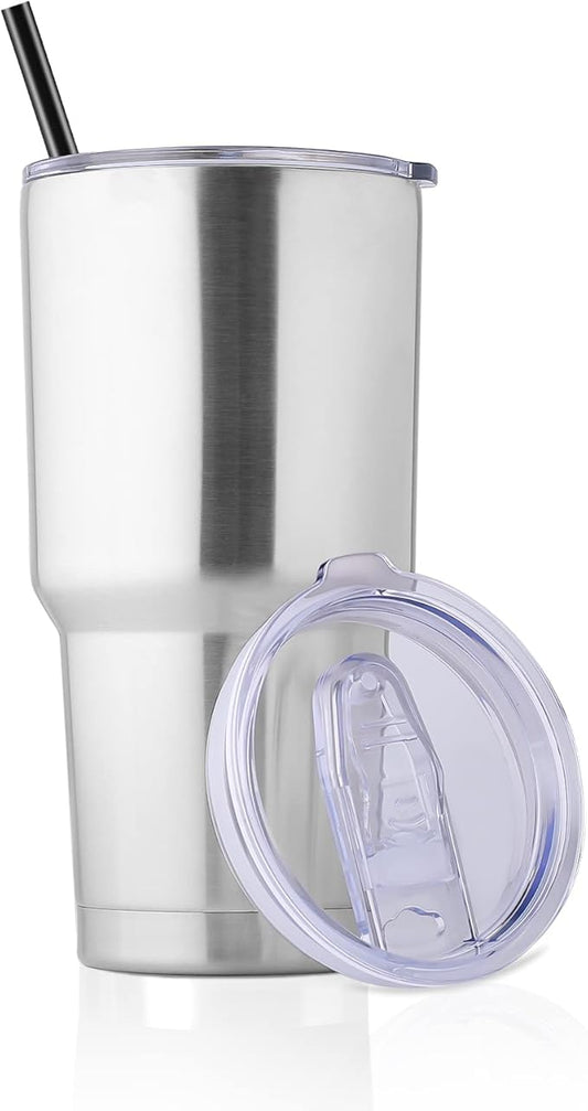 DOMICARE 30 oz Tumbler with Lid and Straw, Stainless Steel Tumblers Bulk, Insulated Vacuum Double Wall Travel Coffee Mug, Durable Powder Coated Tumbler Cup (Stainless Steel, 1)