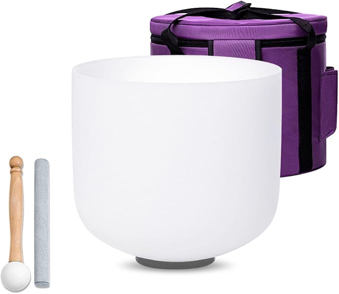 White 8 inch B Note Crown Chakra Quartz Crystal Singing Bowl, for Healing Mindfulness Meditation Yoga Sound Baths, with Case Rubber Mallet - Bloomnest