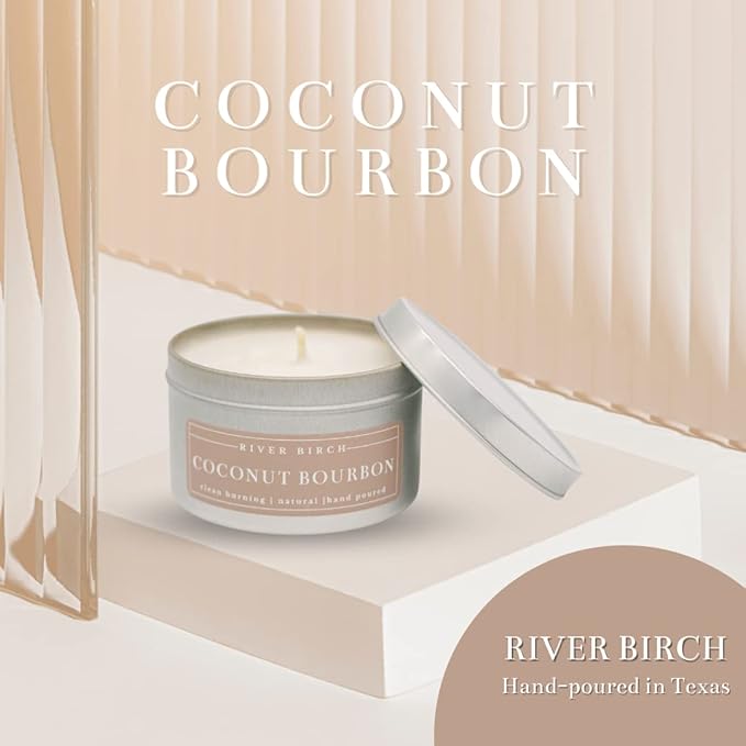 River Birch Premium All-Natural, Non-Toxic Soy Candle | 8 oz. Silver Tin Travel Candle | Cozy Relaxing Coconut Bourbon Scented Gifts for Home - Bloomnest