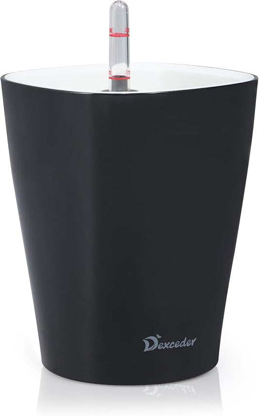 Dexceder 6x7 Self Watering Planter Indoor Outdoor, High Gloss Table Flower Plant Pot with Water Level Indicator (Black) - Bloomnest