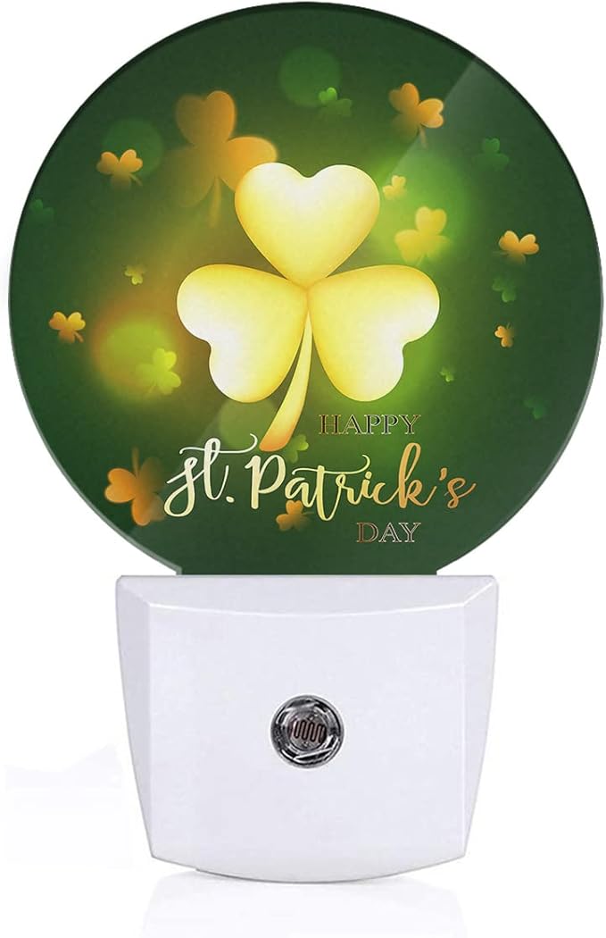EKOBLA Happy St Patrick Night Lights Plug into Wall Glitter Golden Shamrock Leaves Plug-in Nightlights Home Auto Sensor LED Dusk to Dawn Light for Bedroom Bathroom Kitchen Corridor - Bloomnest