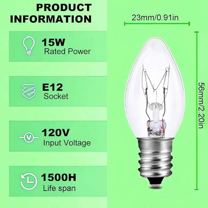 C7 15W E12 Bulbs, Replacement Bulb for Himalayan Salt Lamps/Night Lights,Dimmable 2200K Clear,120V Incandescent Candle Bulbs (6-Pack) - Bloomnest