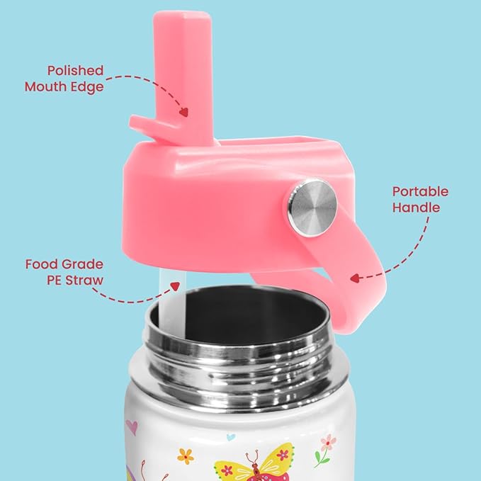 Kids Water Bottle with Straw Lid - 12 Oz Insulated Stainless Steel Water Bottles for Kid Girl- Travel Cup for School Sports - Bloomnest