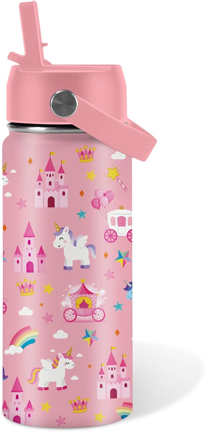 Unicorn Gifts 16 oz Water Bottle with Straw Lid, Stainless Steel Insulated Bottle, Leak Proof, BPA - Free, Cute Castle & Unicorn Tumbler for Birthday, Christmas, Daily Use, Travel (1pc) - Bloomnest