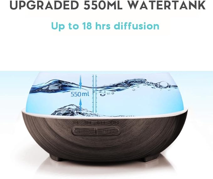 550ml Large Capacity Essential Oil Diffuser with 6 Aromatherapy Oils Set,Ultrasonic Air Humidifier with Timer and 7 Color LED Night Light Waterless Auto-Off Dark Wood Grain - Bloomnest