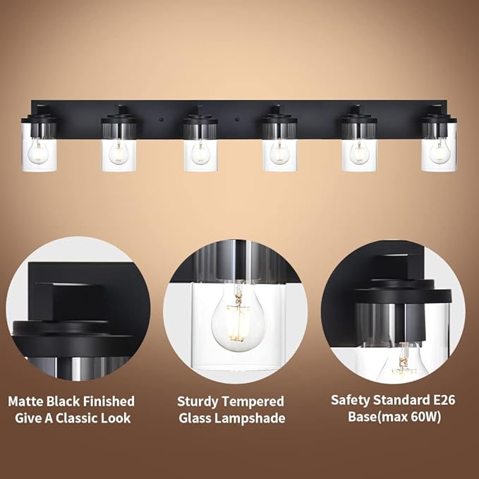 BONLICHT Black Vanity Light Glass Wall Sconce 6 Light Farmhouse Bathroom Light Fixture Over Mirror,Industrial Vintage Bath Lighting Interior Wall Lights Modern Wall Lamp for Dining Room Kitchen Office - Bloomnest
