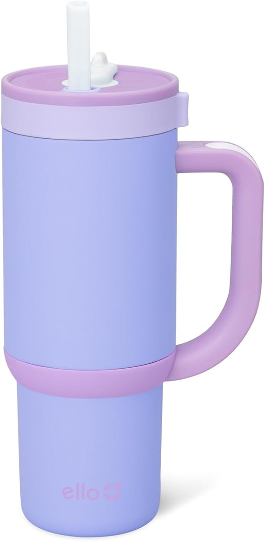 Ello Oasis 18oz Kids Tumbler with Handle & Retracting Straw, 100% Leakproof Reusable Insulated Stainless Steel Cup, Keeps cold for 18 Hours, Cup Holder Friendly, Lavendar Fields - Bloomnest