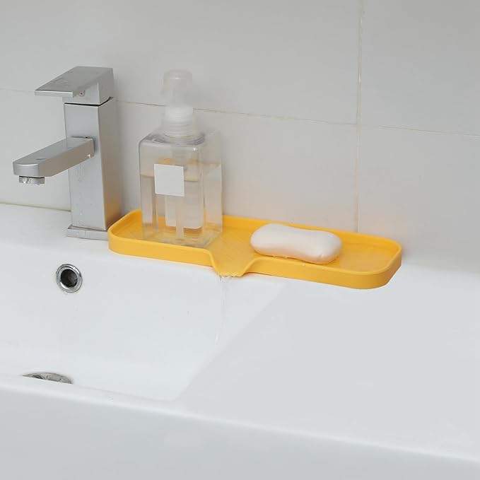 Silicone Bathroom Soap Dishes with Drain Spout-Bathroom and Kitchen Sink Organizer,Sponge Holder,Dish Soap Tray,Perfect for Dispenser,Scrubber,Bottle,Cup on Sink or Counter-Yellow 12"×4" - Bloomnest