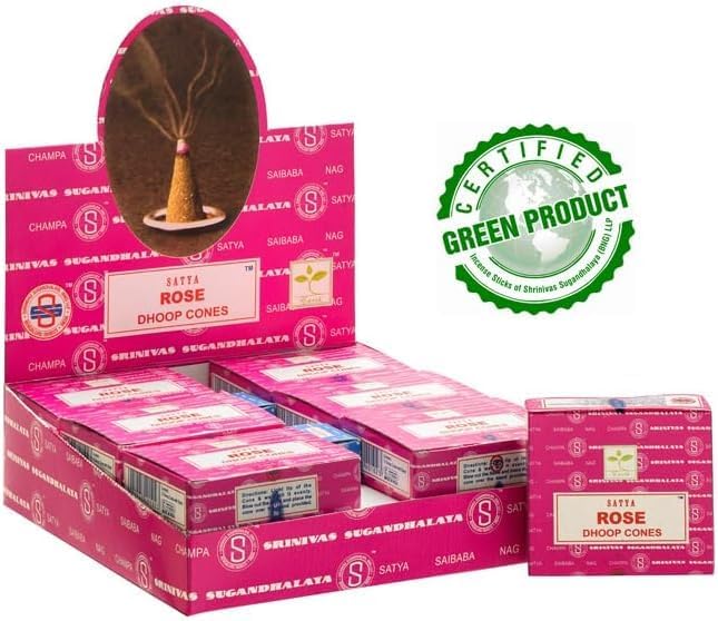 Satya Nag Champa Incense Cones for Meditation and Yoga, 48 Pieces, 4 Packs (Incense Dhoop Cones, Rose)