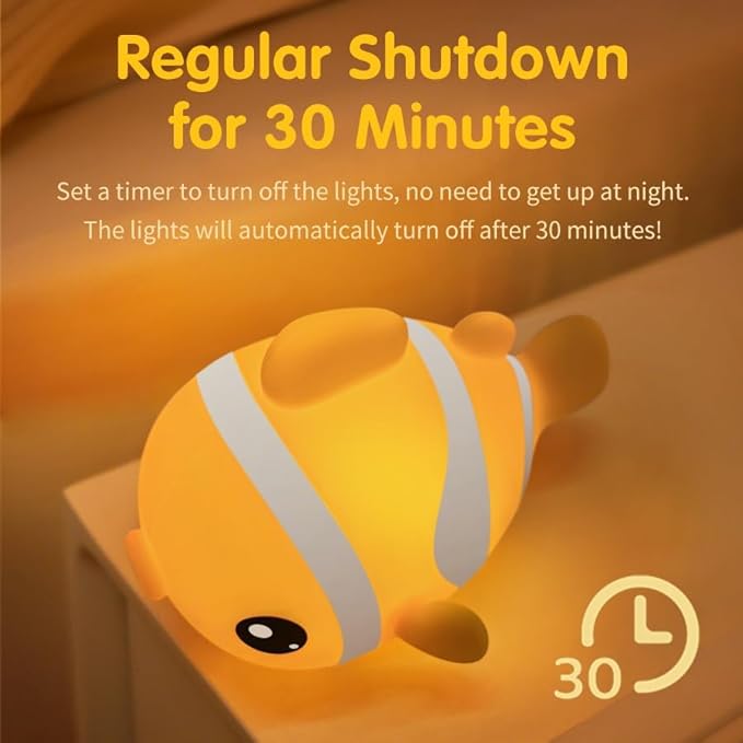 Clownfish Night Light for Kids Nursery - Adorable Ocean-Themed Silicone Baby Light with 3-Level Dimmable LED, Portable Toddler Sleep Lamp for Bedroom, Kids Room, Baby Shower & Birthday Gift - Bloomnest