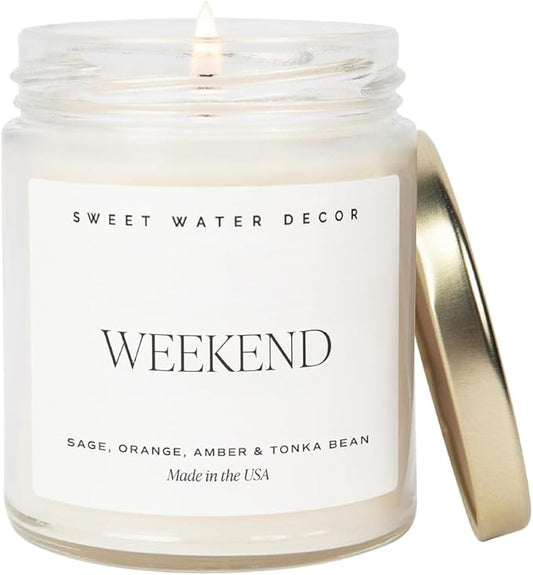 Sweet Water Decor Weekend Candle - Soy Citrus, Grapefruit, Sage, Amber, and Oakmoss Scented Earthy Candles for Home - 9oz Clear Jar with Gold Lid, 40+ Hour Burn Time, Made in The USA - Bloomnest
