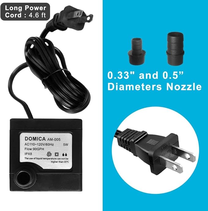 90 GPH Mini Submersible Pump, Small Fountain Pump (5W 350L/H) for water feature, Aquariums, Fish Tank, Tabletop Fountain, Pet Fountain, Indoor or Outdoor Pond Fountain - Bloomnest