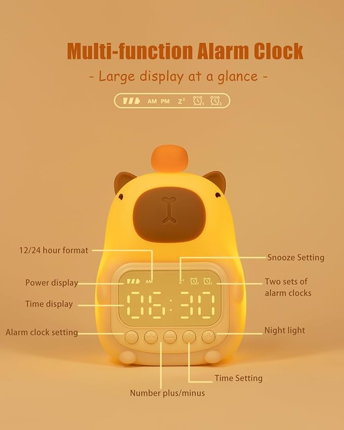 Capybara Alarm Clock with Night Light for Kids, Cute Toddler Alarm Clocks for Bedrooms Ok to Wake Clocks for Girls and Boys, Rechargeable Silicone Animal Tabletop Lamp for Kid - Bloomnest