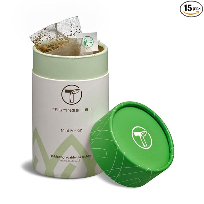 Tastings Tea Mint Fusion - 15 Biodegradable Sachets | Spearmint & Peppermint with Black Tea & Lemongrass Blend | Natural Pyramid Bags - Bloomnest