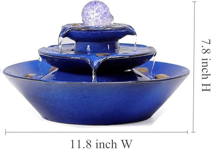 Ceramic Tabletop Fountain, Blue, Fountain with Ball for Indoor Decor, Size 11.8 x 11.8 x 7.8 inch, Material Ceramic, Includes Water Pump and 6 foot Long Power Cord - Bloomnest