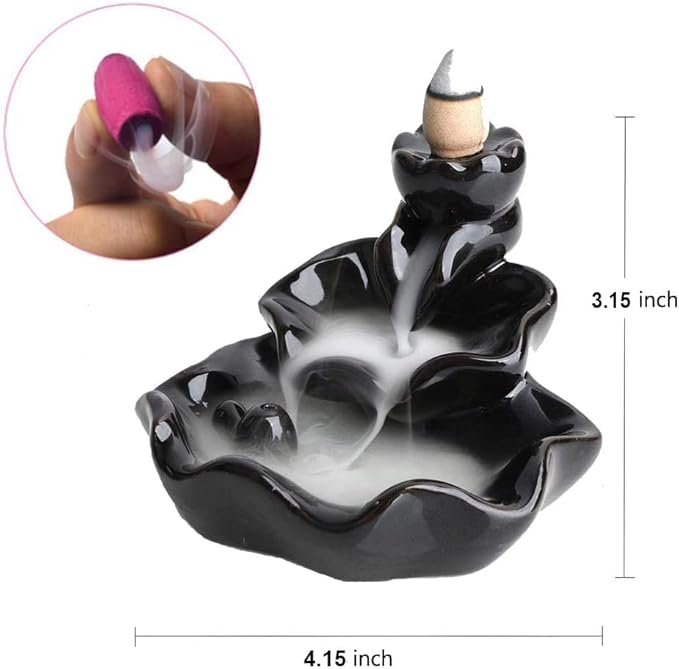 Waterfall Incense Burner, Lotus Backflow Incense Holder Ceramic Censer Cones Sticks Porcelain Holder with 10 Free Mixed Aromatherapy Cones